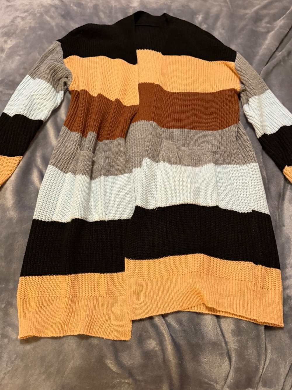 Women's XL Color-Block Long Open Front Knit Cardigan Black Brown Blue